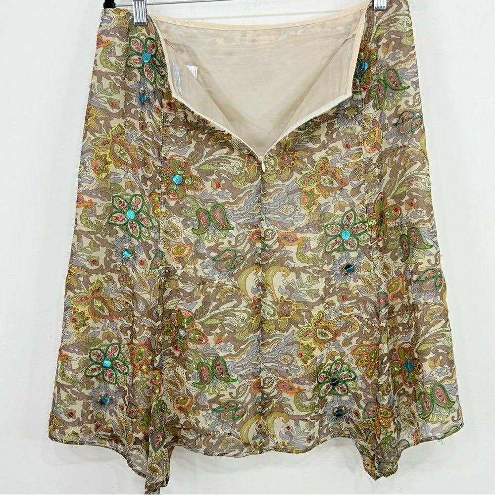 Strenesse Blue Brown Colorful Sequin Embroidered 100% Silk Paisley Floral Skirt - Picture 11 of 16